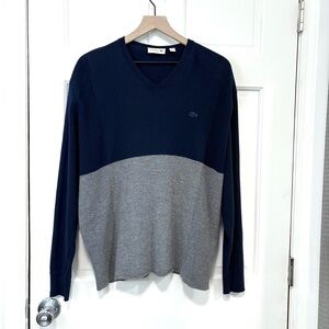 Lacoste Merino Wool Sweater Mens 4XL Navy Gray Color Block Long Sleeve V-Neck